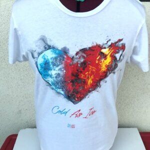White T-shirt with colorful heart "Cold as Ice"  100% Cotton Size Small